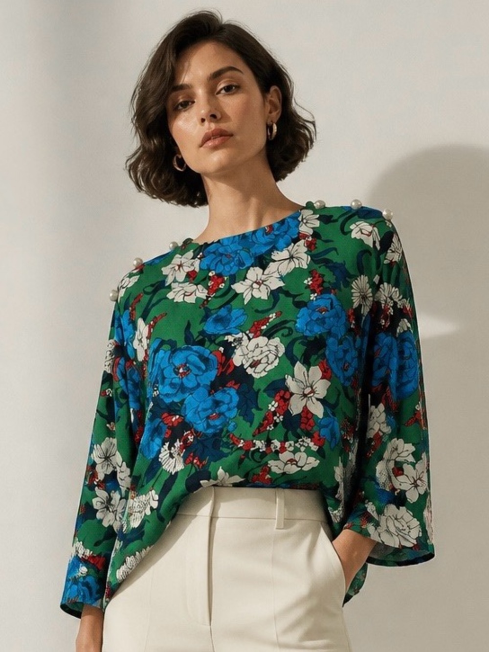 Zara Green Floral Blouse with Blue & White flowers and Pearls on Shoulder